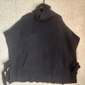 Mersea OS Navy Oversized Cape Poncho Open Sides Front Pockets Ribbed Neckline